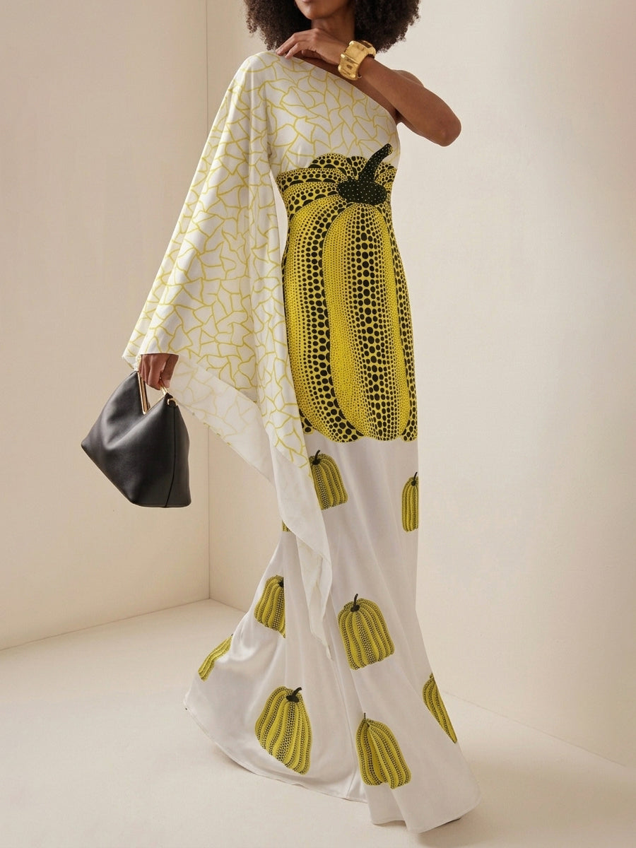 Long Sleeves Loose Asymmetric Printed One-Shoulder Maxi Dresses