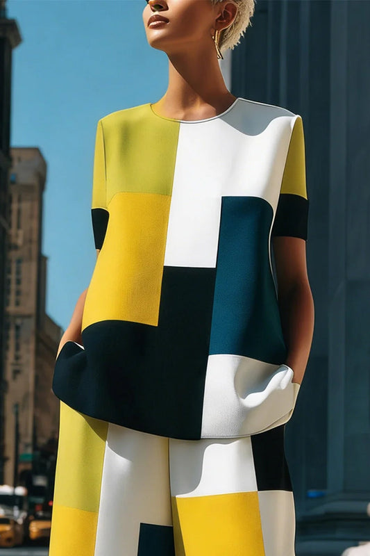 Loose Short Sleeves Contrast Color Split-Joint Round-Neck Blouses&Shirts Tops