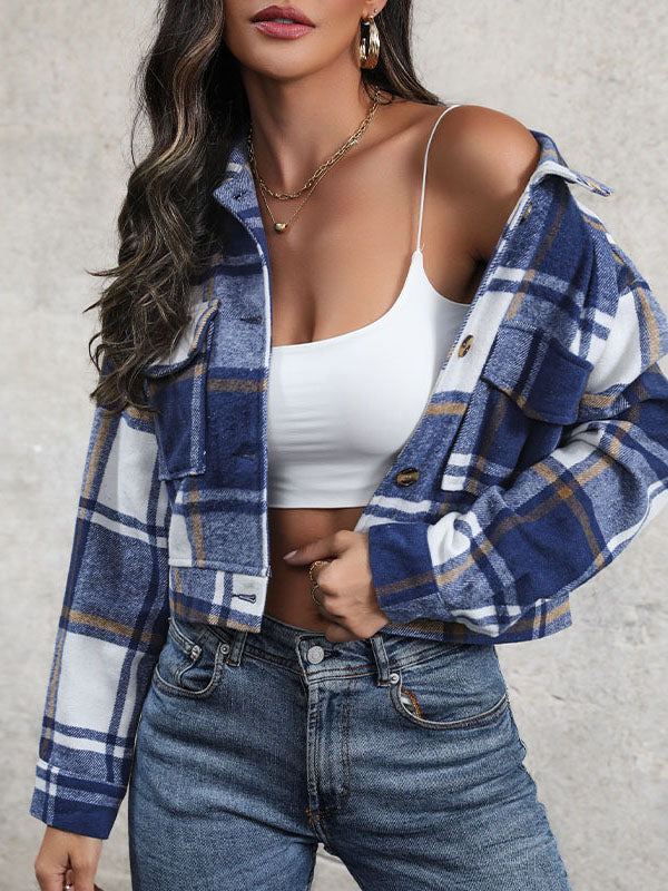 Long Sleeves Loose Buttoned Plaid Pockets Split-Joint Lapel Jackets Outerwear