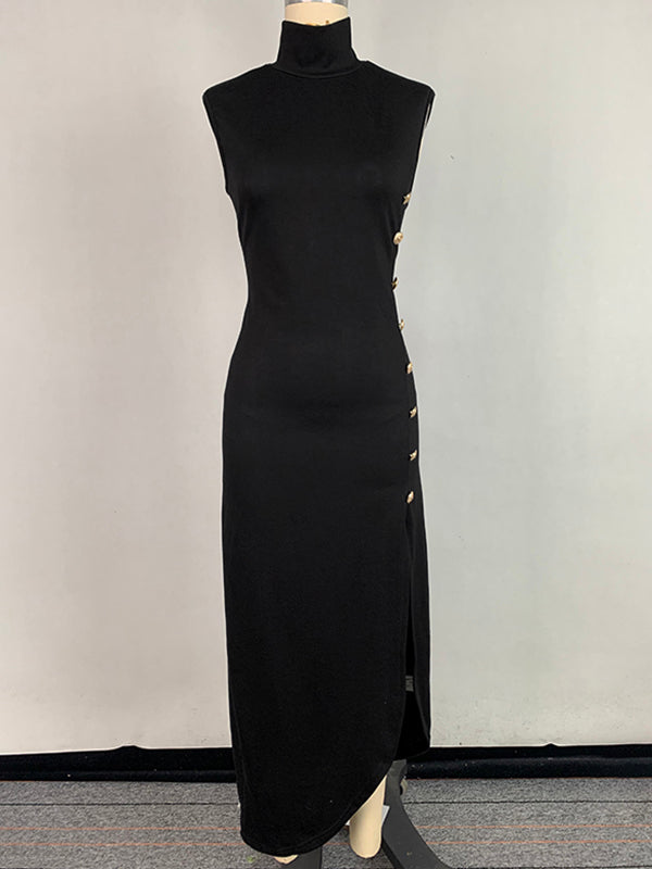Robe longue moulante sans manches, boutonnée, couleur unie, fendue sur les côtés, col haut 