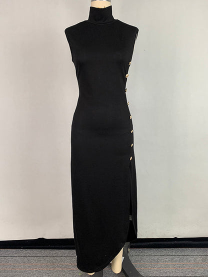 Robe longue moulante sans manches, boutonnée, couleur unie, fendue sur les côtés, col haut 