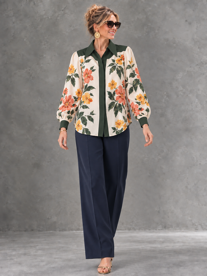 Split-Joint Flower Print Contrast Color Buttoned Long Sleeves Lapel Blouses&shirts Tops