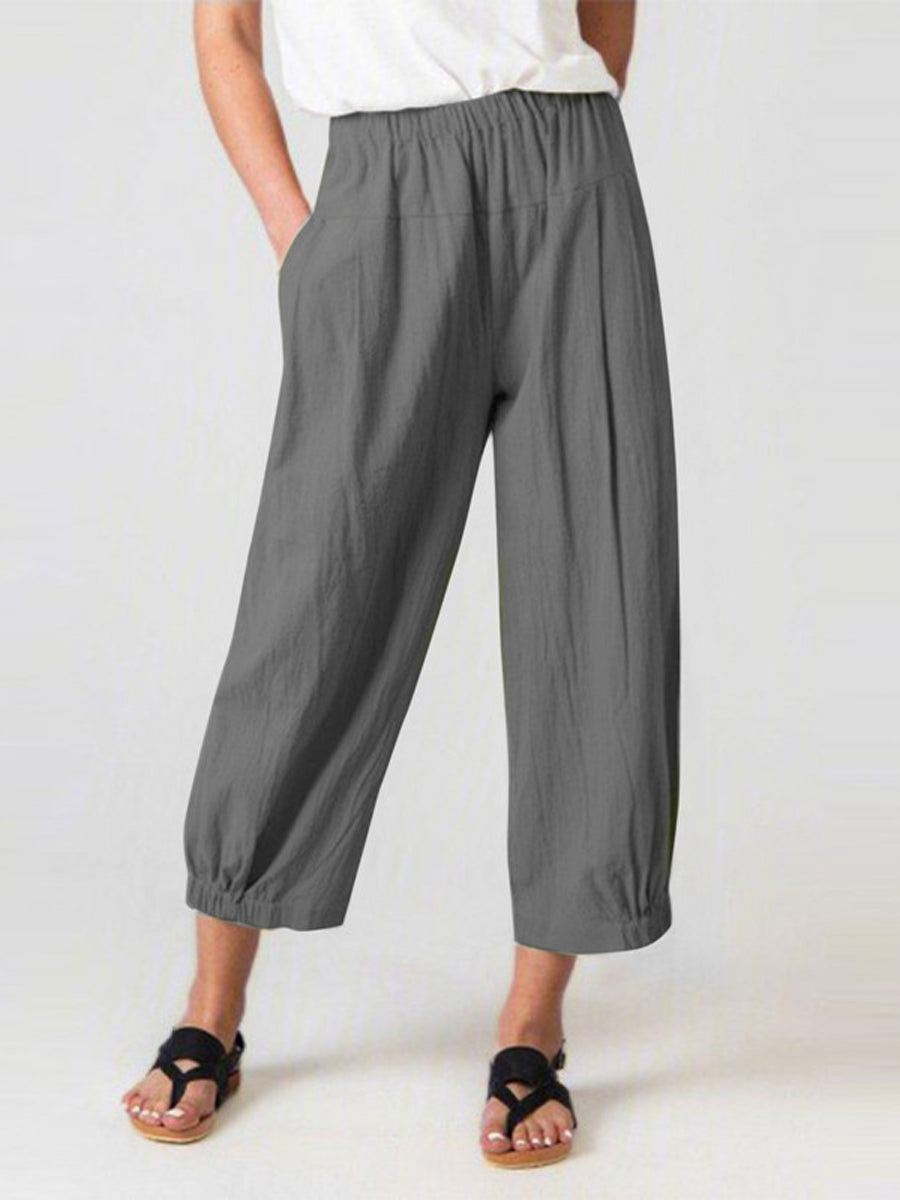 Solid Color Pockets Elasticity High Waisted Trousers Ninth Pants