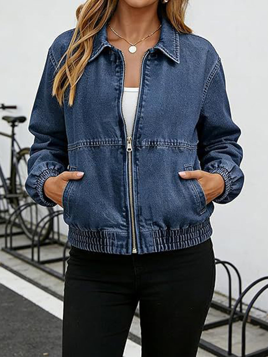 Zipper Split-Joint Solid Color Pockets Elasticity Long Sleeves Cropped Lapel Outerwear Jackets