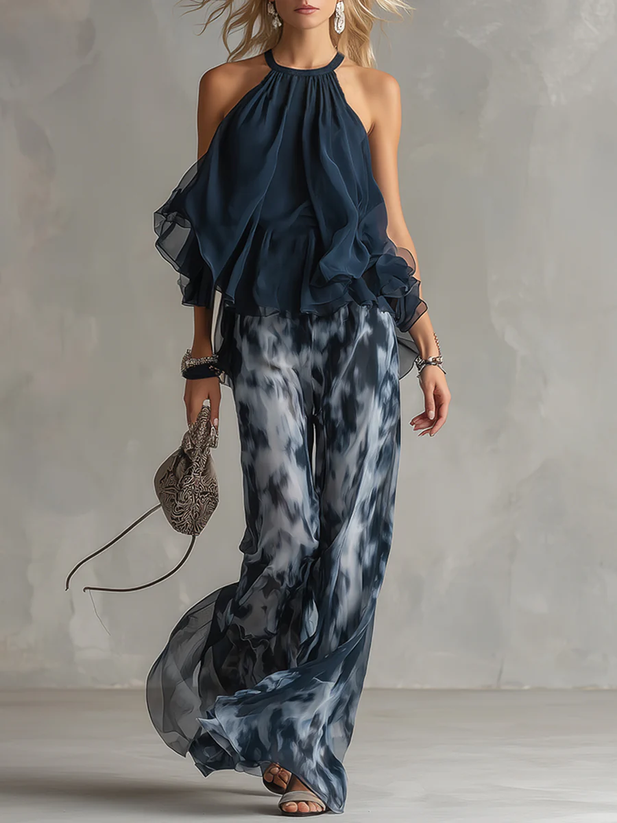 A-Line Sleeveless Pleated Ruffled Solid Color Halter-Neck Tank Top