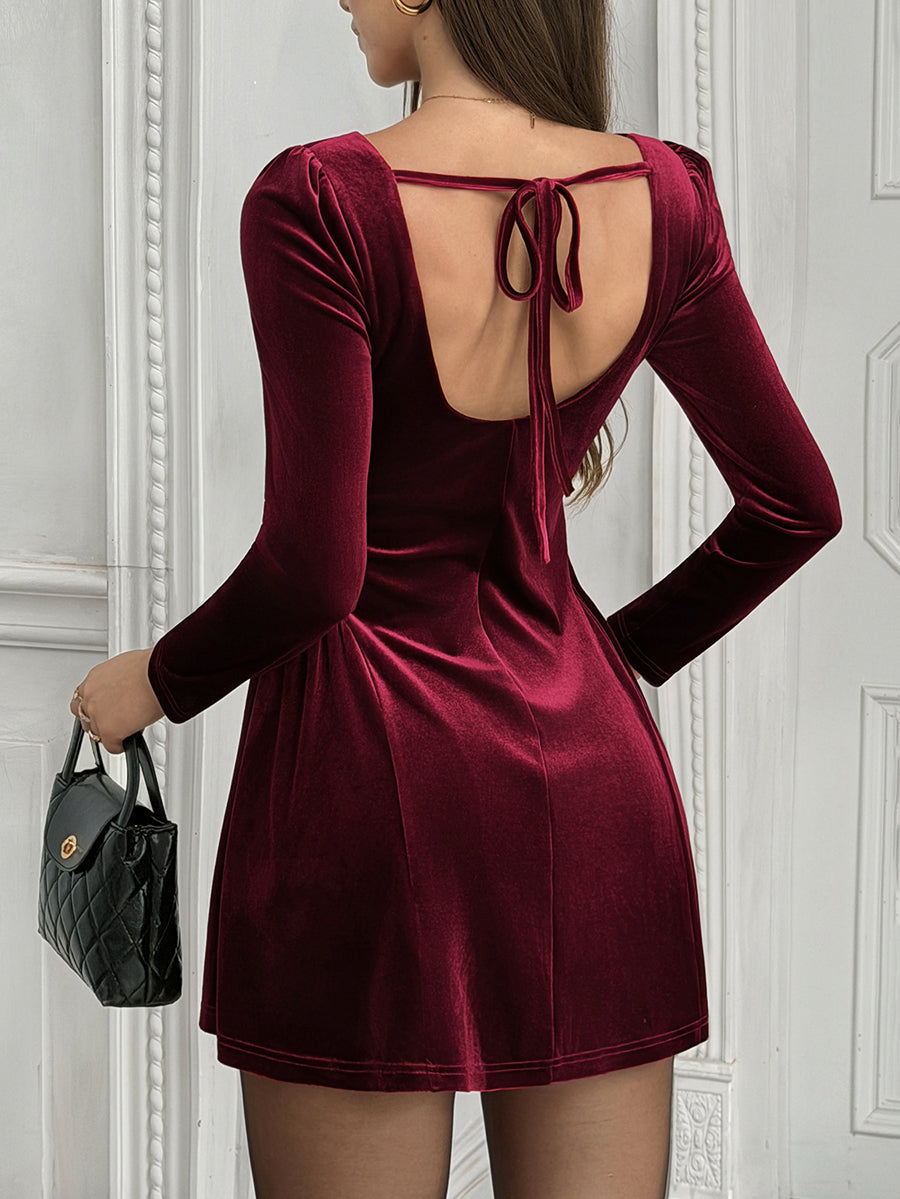 Velvet Tiered Solid Color Pleated Backless Long Sleeves High Waisted Square-neck Mini Dresses