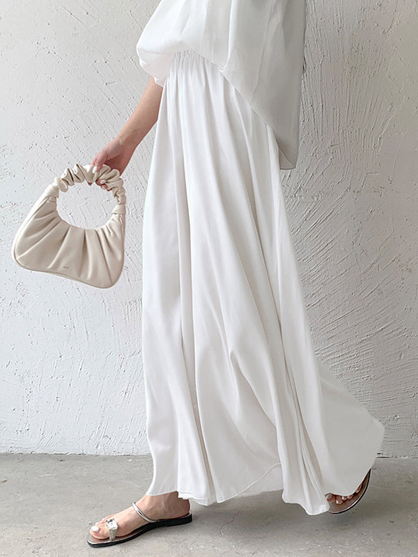 Pantalon culotte taille haute ample et élastique plissé de couleur unie 
