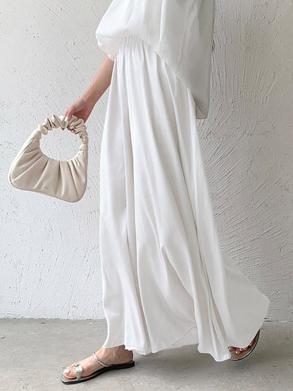 Pantalon culotte taille haute ample et élastique plissé de couleur unie 