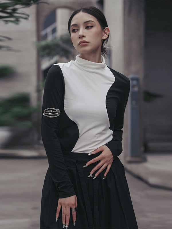 T-shirts urbains skinny à manches longues et col montant asymétriques contrastés 