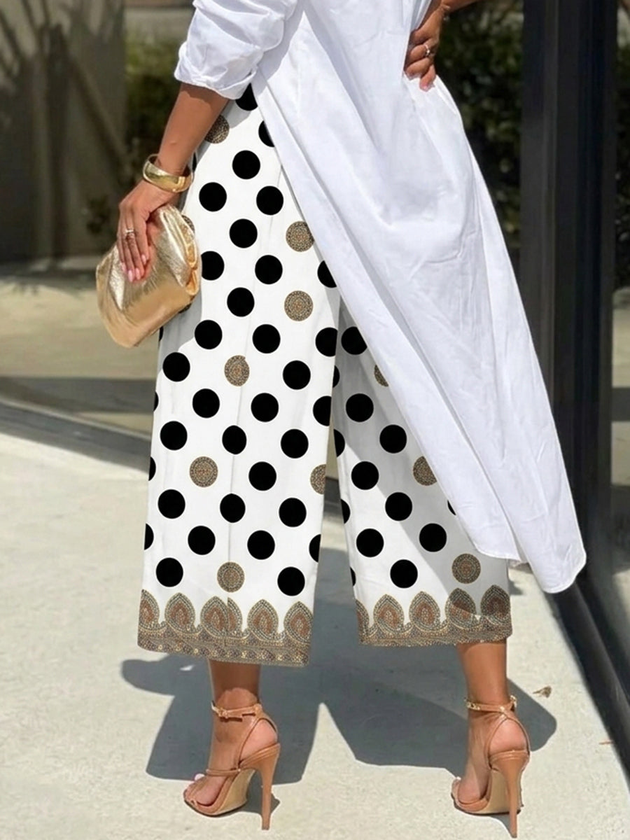 High Waisted Wide Leg Contrast Color Elasticity Pockets Polka-Dot Printed Ninth Pants