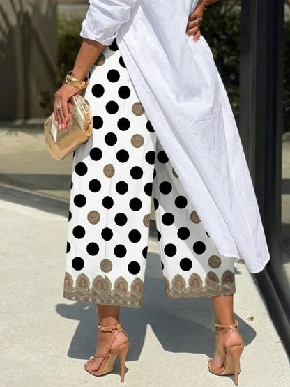 High Waisted Wide Leg Contrast Color Elasticity Pockets Polka-Dot Printed Ninth Pants