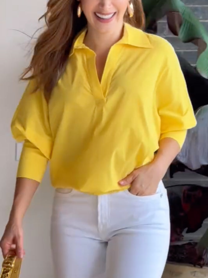 Loose Puff Sleeves Solid Color Lapel Blouses&Shirts Tops