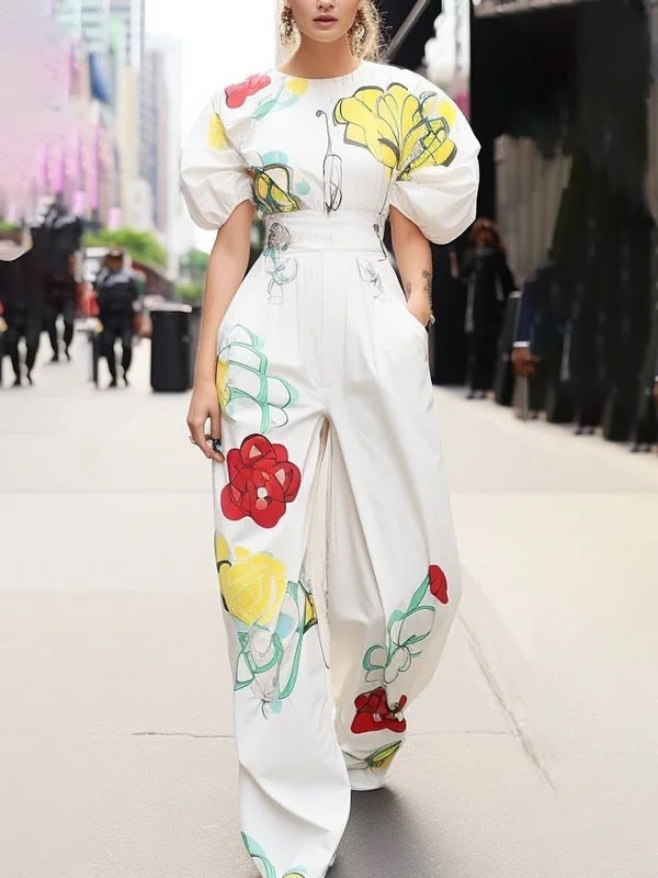 High Waisted Wide Leg Flower Print Pleated Pockets Pants Trousers