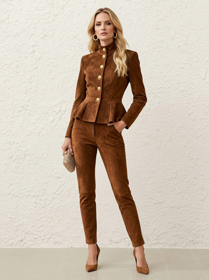 Elasticated Waist High Waisted Buttoned Contrast Color Ruffled Split-Joint Stand Collar Blazer Blouses&Shirts Tops