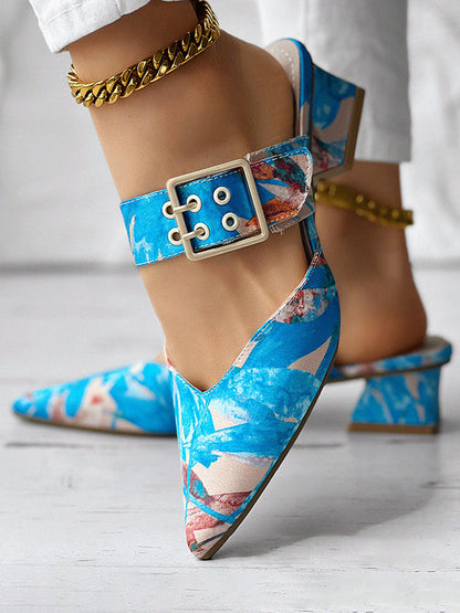 Belt Buckle Floral Printed Pointed-Toe Split-Joint Pumps Sandals