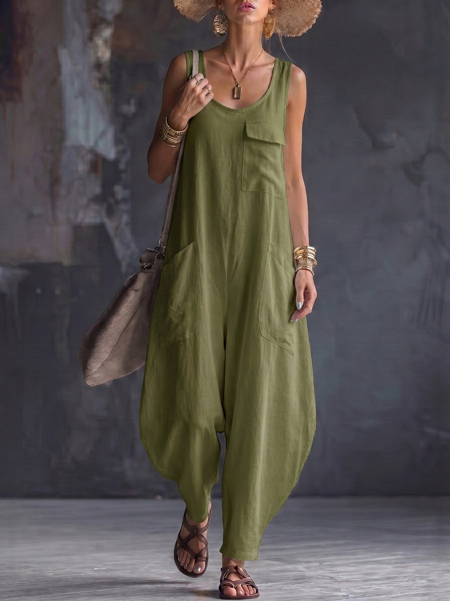 Loose Sleeveless Pockets Solid Color Square-Neck Jumpsuits
