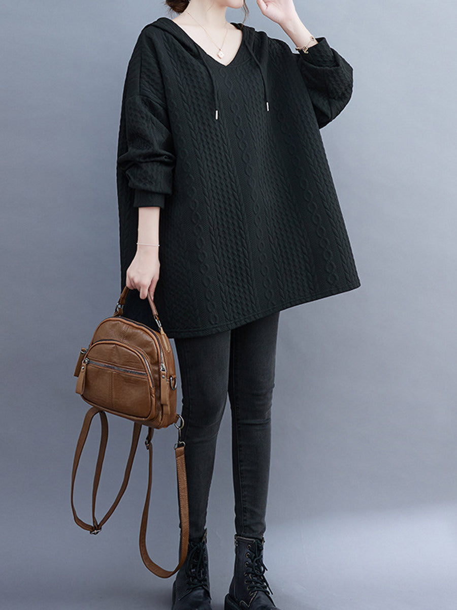 Solid Color Drawstring Loose Long Sleeves Hooded Hoodies Tops