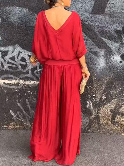 Olive | Women's V-Neck Batwing Sleeve Wide Leg Jumpsuit 2 Piece