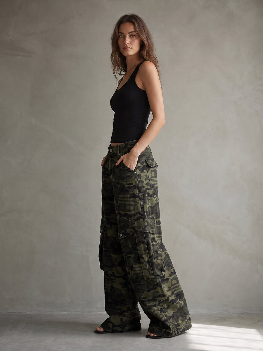 Zipper Pockets Camouflage Buttoned Wide Leg Loose Trousers Pants