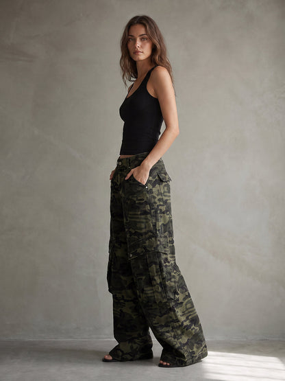 Zipper Pockets Camouflage Buttoned Wide Leg Loose Trousers Pants
