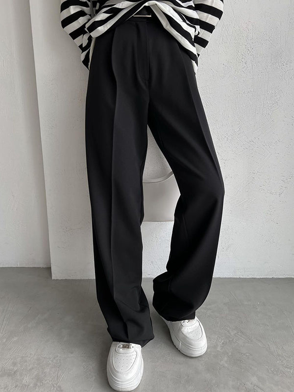 High Waisted Loose No Belt Solid Color Suit Pants Trousers