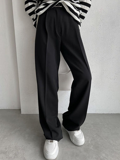 High Waisted Loose No Belt Solid Color Suit Pants Trousers