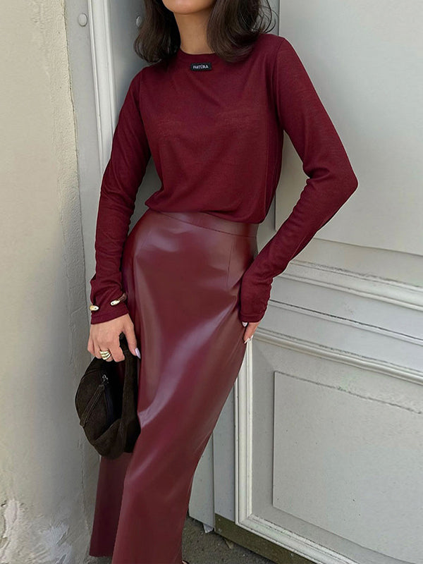 Jupe moulante taille haute plissée de couleur unie avec dos fendu 