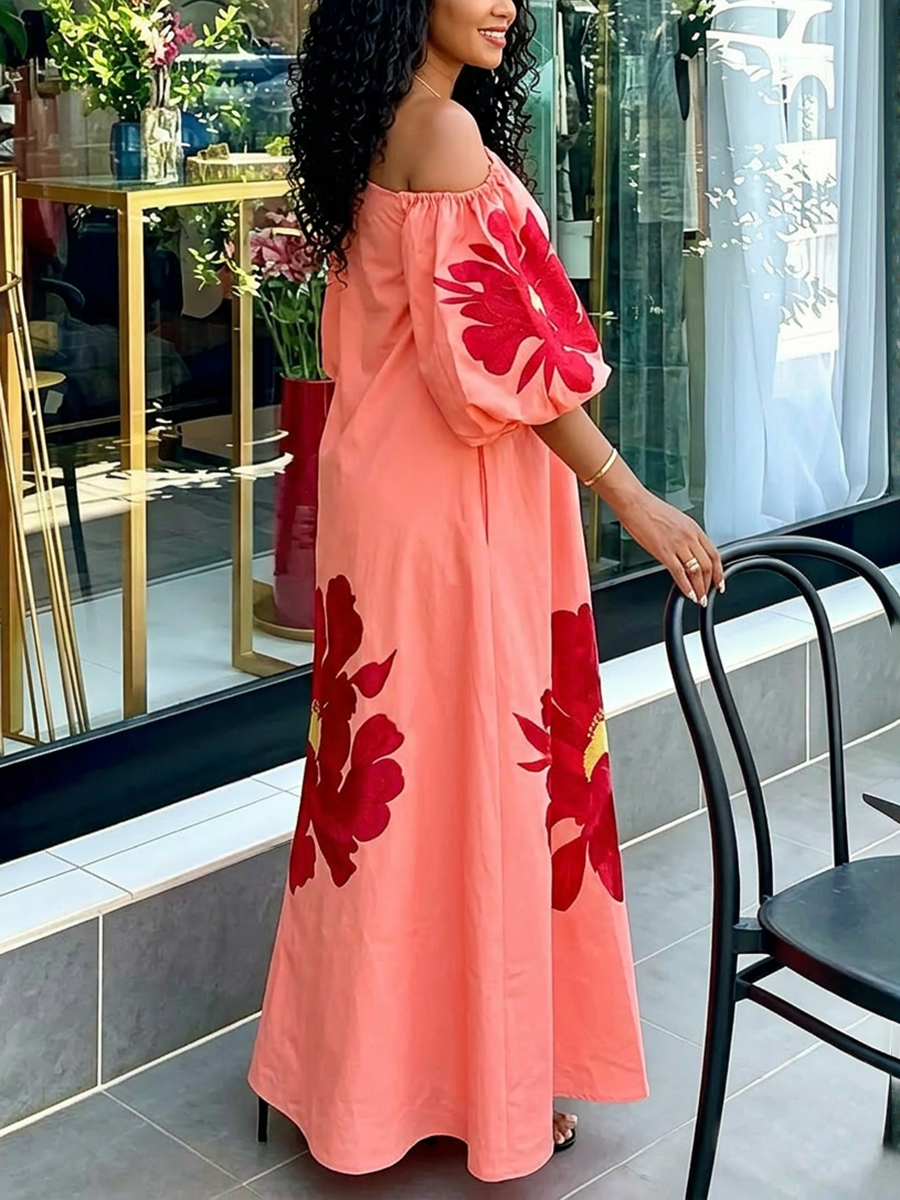 Puff Sleeves Three-Quarter Sleeves Contrast Color Elasticity Flower Print One-Shoulder Maxi Dresses