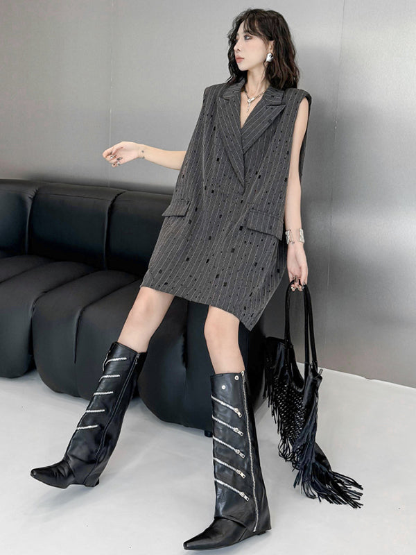 Loose Sleeveless Striped Lapel Vest Top