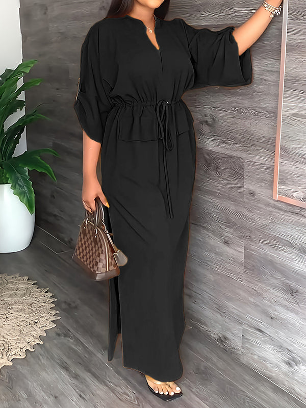 Robe longue ample à col en V et cordon de serrage, couleur unie 