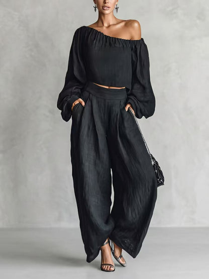 Pleated Solid Color One-Shoulder Cropped Blouses&Shirts Tops + High Waisted Pockets Pants Trousers Two Pieces Set