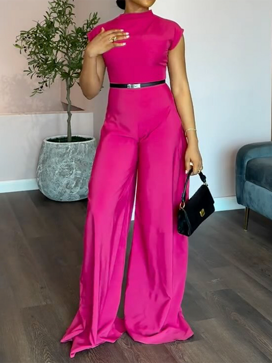 Cap Sleeve Wide Leg No Belt Solid Color Stand Collar Jumpsuits