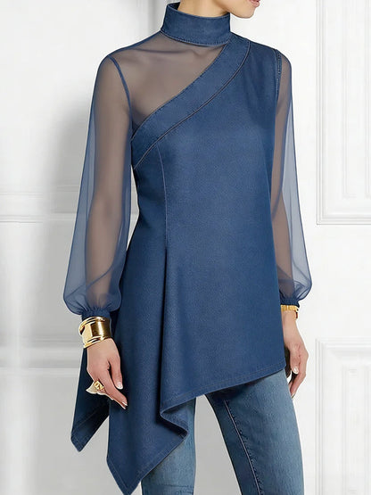 Split-Joint Mesh Asymmetric Puff Sleeves Long Sleeves Mock Neck Blouses&Shirts Tops