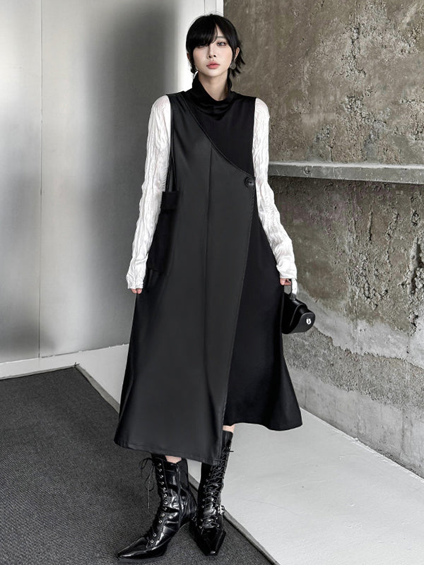 Irregularity Loose Asymmetric Buttoned Solid Color Split-Joint High Neck Midi Dresses