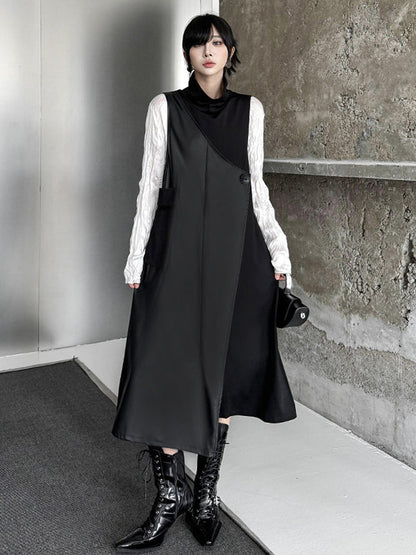 Irregularity Loose Asymmetric Buttoned Solid Color Split-Joint High Neck Midi Dresses