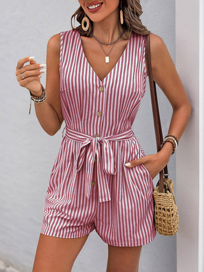 Elasticated Waist High Waisted Buttoned Pockets Striped Tied Waist V-Neck Rompers