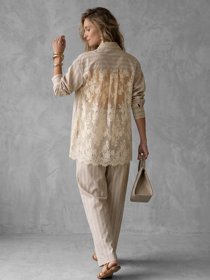 High-Low Long Sleeves Buttoned Pockets See-Through Split-Joint Striped Lapel Blouses&Shirts Tops