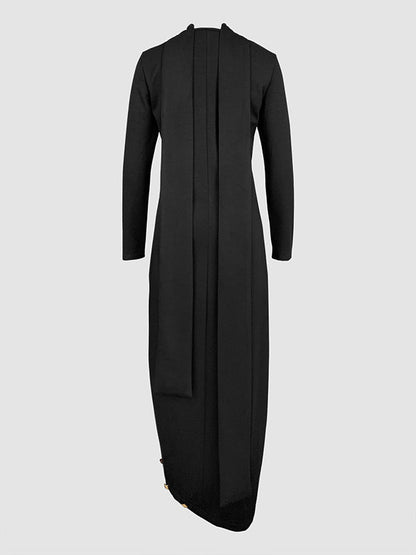 Long Sleeves Loose Asymmetric Buttoned Split-Joint Split-Side Mock Neck Maxi Dresses