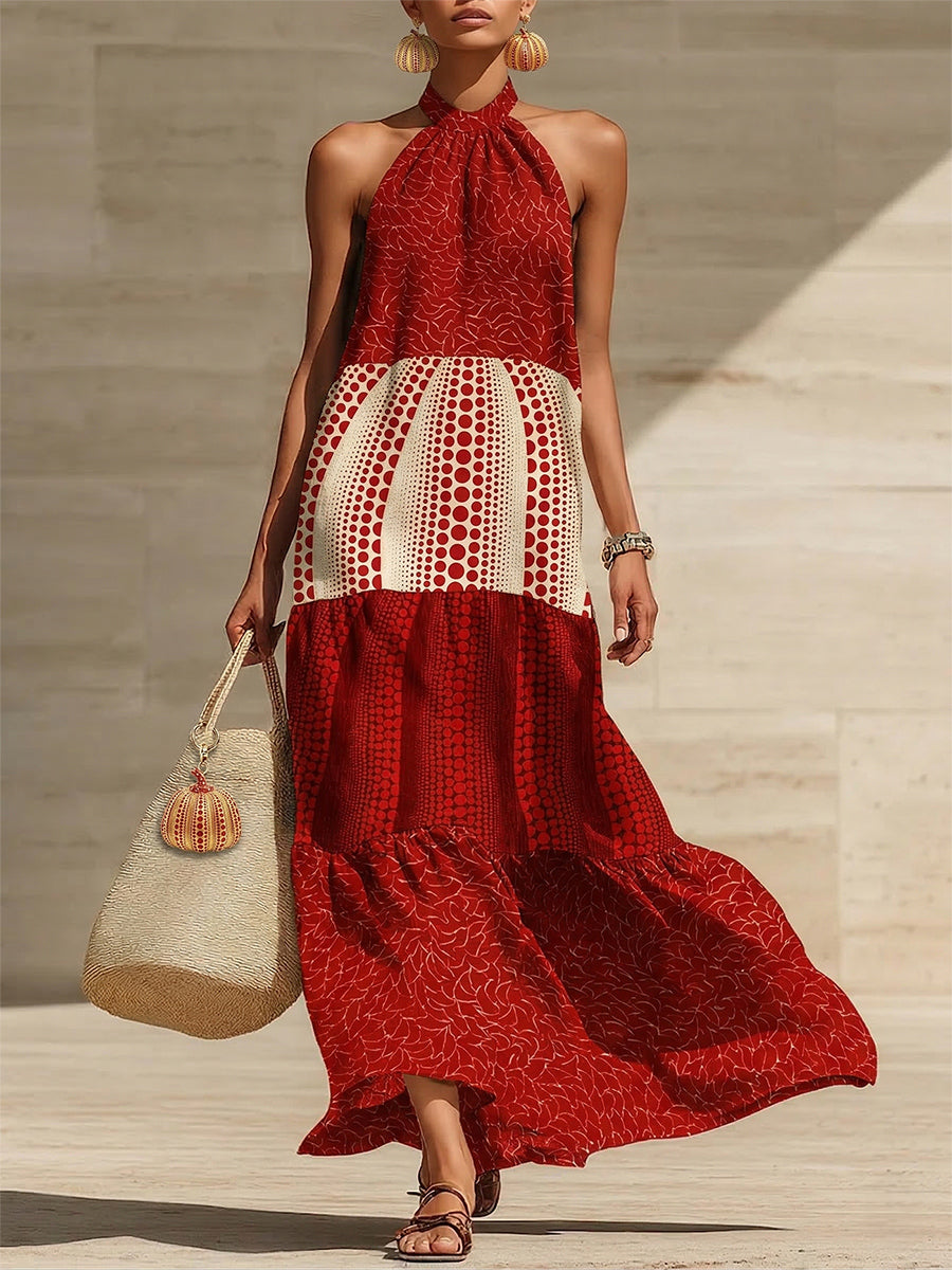 Loose Sleeveless Polka-Dot Printed Split-Joint Halter-Neck Maxi Dresses