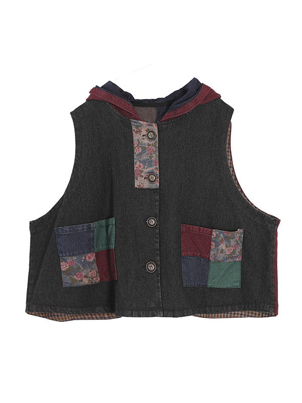 Gilet à capuche sans manches en denim ample et boutonné de couleur contrastée, style rétro artistique 