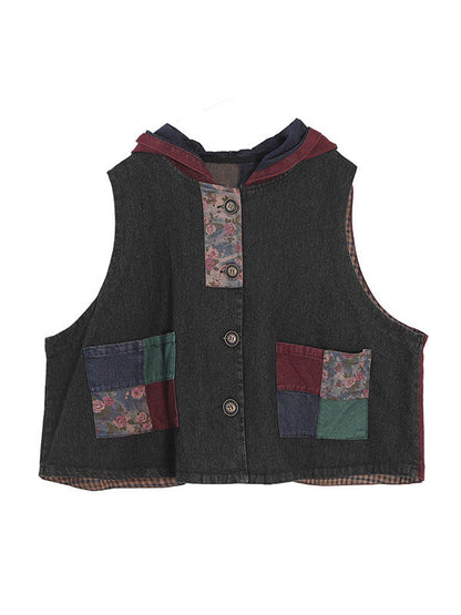 Gilet à capuche sans manches en denim ample et boutonné de couleur contrastée, style rétro artistique 