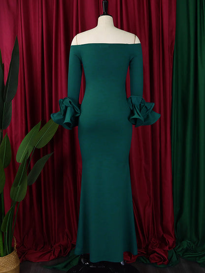 Bodycon Flared Sleeves Falbala Solid Color Split-side Off-the-shoulder Maxi Dresses