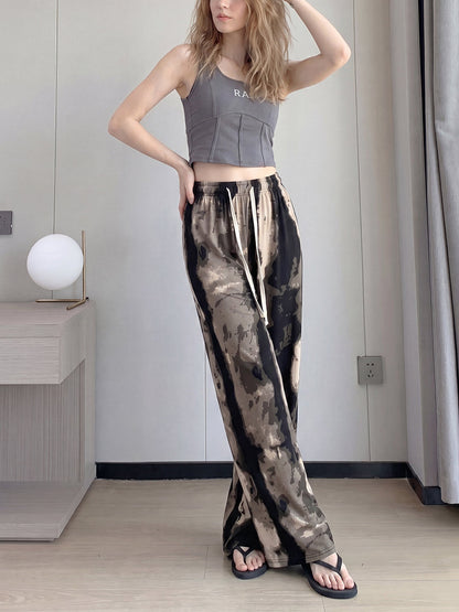 High Waisted Wide Leg Drawstring Elasticity Printed Pants Trousers