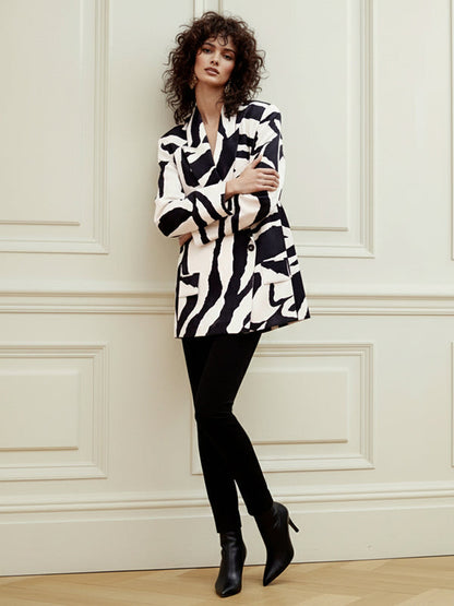 Long Sleeves Loose Buttoned Contrast Color Zebra-Stripe Lapel Collar Blazer Outerwear