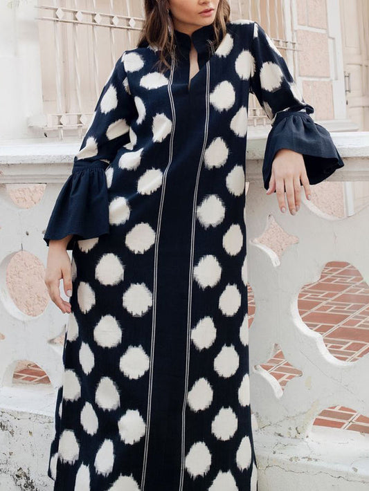 Flared Sleeves Three-Quarter Sleeves Polka-Dot Split-Side V-Neck Maxi Dresses