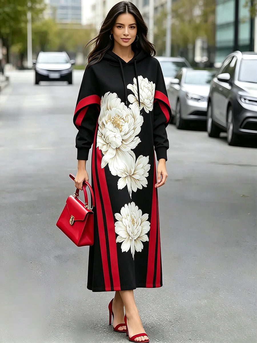 Flower Print Drawstring Contrast Color Long Sleeves H-line Hooded Midi Dresses