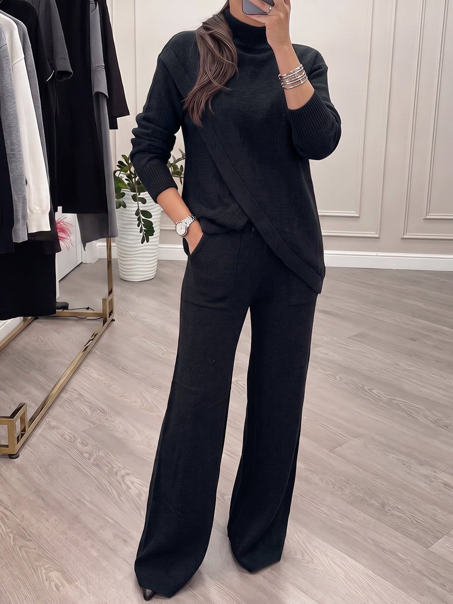 Solid Color Ribbed Knit Stand Collar Long Sleeves Asymmetric Sweater Tops + Wide Leg Trousers Pants Two Pieces Set