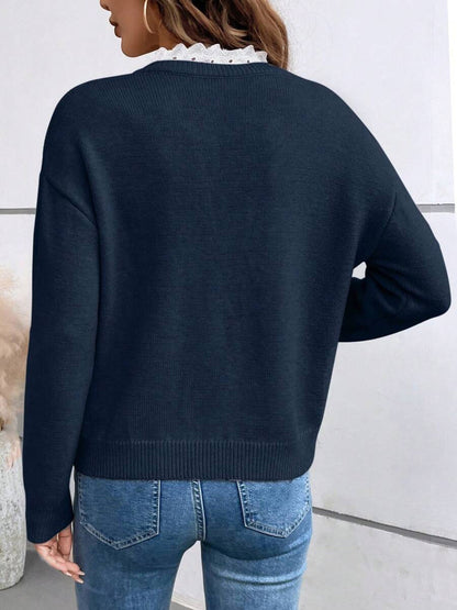 Split-Joint Ribbed Contrast Color Loose Long Sleeves V-neck Sweater