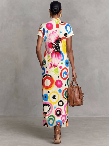 Zipper Polka-Dot Flower Print Contrast Color Short Sleeves Loose Mock Neck Maxi Dresses