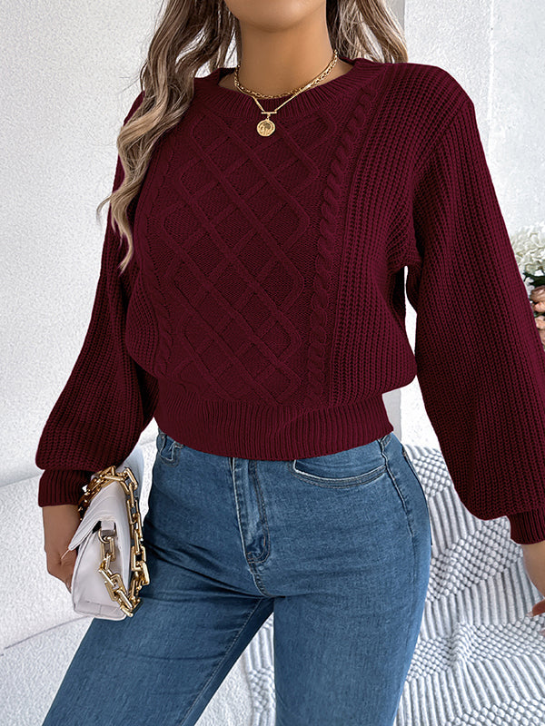 Elasticated Waist Long Sleeves Cable Knit Solid Color Round-Neck Knit Top Sweater Tops